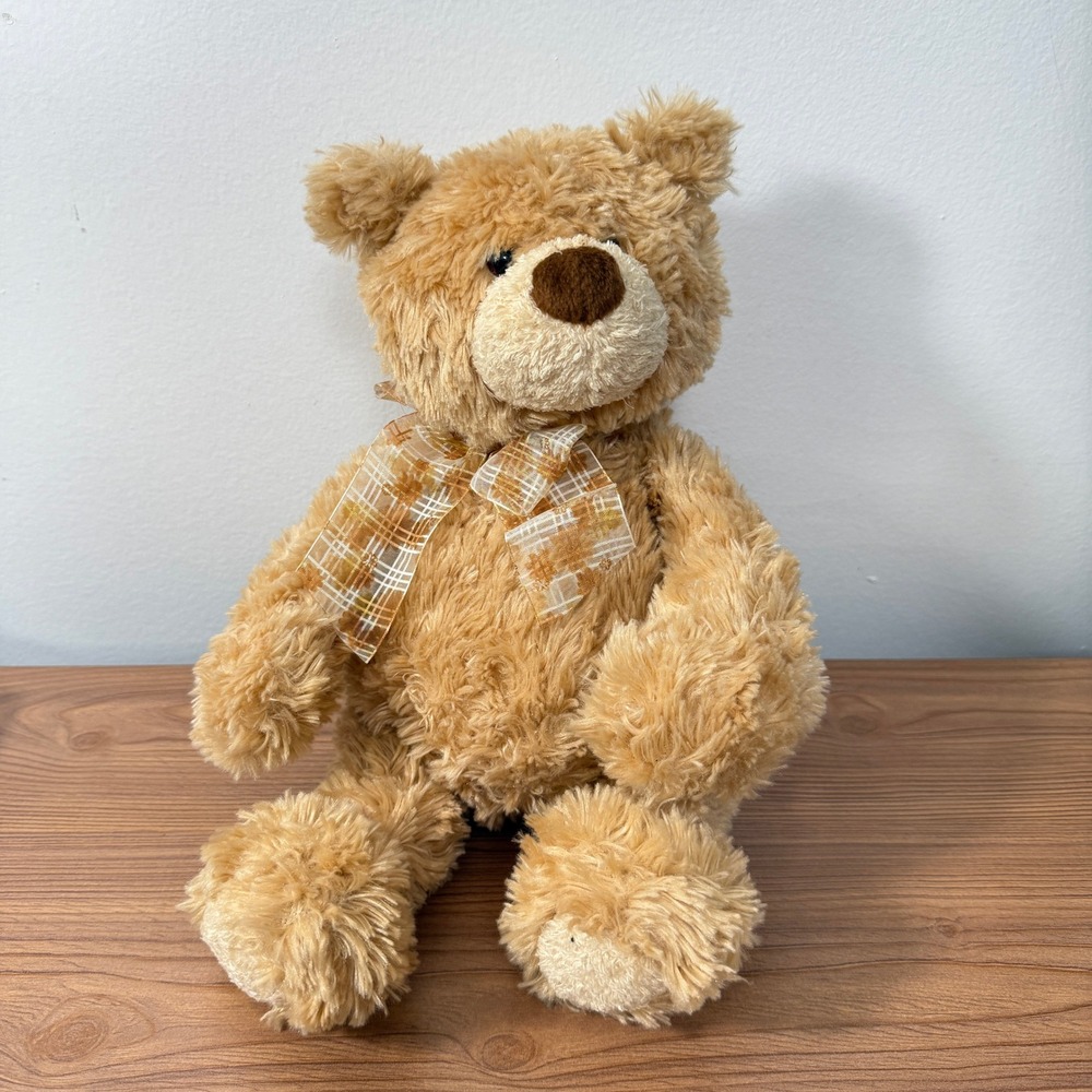 Gund Teddy Bear Tan Cooper‎ Shaggy Plush Plaid Bow Weighted Bottom